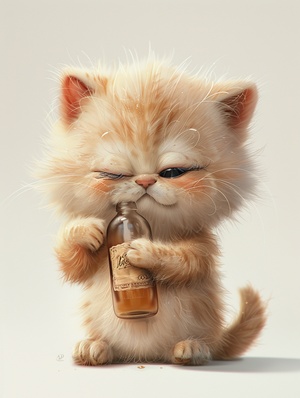 A cute chubby fluffy kitten with the style of Pixar,drunk,holding a bottle in its arms.funny expression,,white background to highlight it.