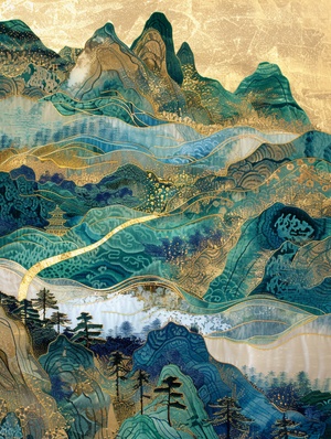 千里江山咒语：Chinese embroidery craft of a golden-blue-green mountain , with pavilions and trees, gilding, flowing liquid gold, minimalist color field, freehand brushwork, blank-leaving, organic form ar 3:4 v 6金蓝色青山的中国刺绣工艺，亭台楼阁，镀金，流金，极简色场，写意留白，有机形式#壁纸 #AIGC插画 #midjourney #midjourney咒语 #山水画 #中国风元素