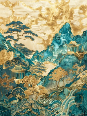 千里江山咒语：Chinese embroidery craft of a golden-blue-green mountain , with pavilions and trees, gilding, flowing liquid gold, minimalist color field, freehand brushwork, blank-leaving, organic form ar 3:4 v 6金蓝色青山的中国刺绣工艺，亭台楼阁，镀金，流金，极简色场，写意留白，有机形式#壁纸 #AIGC插画 #midjourney #midjourney咒语 #山水画 #中国风元素