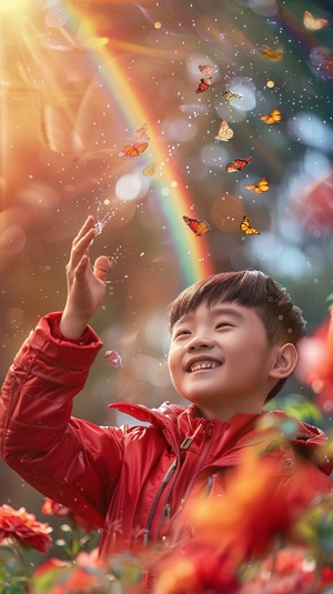 A Chinese boy in a red jacket is smiling and reaching out to catch butterflies flying around him. A rainbow and flowers are in the background creating a beautiful scenery. The scene has a photorealistic and dreamy style with a full body shot of the boy. Movie like light effects are used with bright colors creating a super realistic photography style. The image has high resolution and detail with super clear details and sharp focus in closeup.