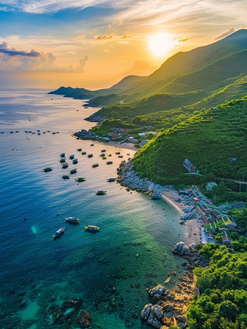 美丽的海岛，开满了鲜花绿植，大海广阔，有沙滩，岛屿上有几户人家，有渔船出海捕鱼，阳光明媚，一片和谐美丽温馨的画面，远景，广角镜头，超高清，8k以上