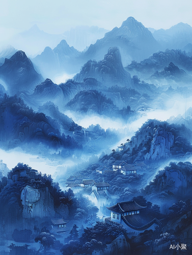 Chinese Landscape in Minimalist Style with Rolling Mountains and Green Vegetation