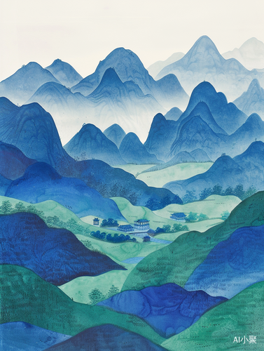 Chinese Landscape in Minimalist Style with Rolling Mountains and Green Vegetation