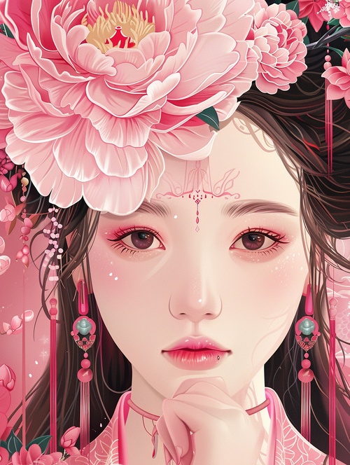 牡丹，唐仕女千娇万态破朝霞，任是无情也动人。咒语：A ancient Chinese beauty , pure face, shining big eyes，wearing pink peony flowers on the head，oval face , Tang Dynasty style, exquisite headdress, close-up,face shot,minimalism portrait, with simple lines, the colours of pink and white ,8k, UHD, high resolution, chinese gongbi painting style ，chinese traditional painting style, in a flat painting style ar 3:4 niji 6#ai #壁纸 #AIGC插画 #midjourney #牡丹 #Ai绘画 #视觉艺术