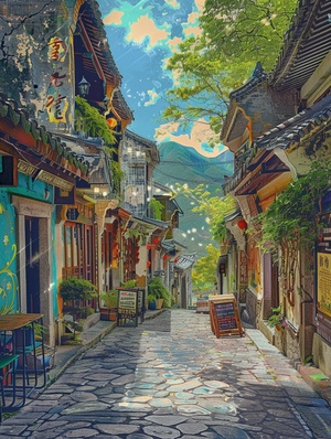 A charming cobblestone street lined with quirky shops and cafes, each building facade painted with whimsical and vibrant murals depicting scenes from local folklore and culture, a sense of joy and artistic energy emanating from every corner, Mixed media collage, combining photography and digital painting ar 3:4 v 5.2 style raw