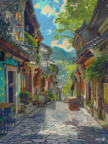 Whimsical Cobblestone Street: Vibrant Murals and Artistic Energy