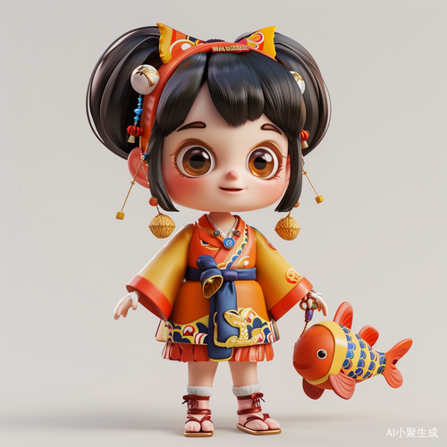 Super Cute Girl with Fish Hairband and Technological Chinese Batik Clothing