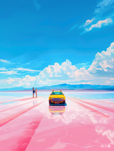 Minimalistic Yellow Car Driving on Pink Salt Lake