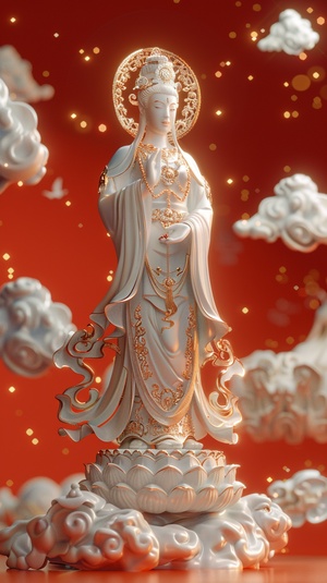 Statue of Goddess of Mercy (Sanskrit: Goddess of Mercy)，Cloisonne enamel,white and orange color scheme, with Chinese style patterns on the cloud surface. The background is red, gold lighting effects glowing inside the pattern，8k, soft edges, high contrast between light and dark, and layered effects,C4d, blender, high detail, best quality. ar 3:4