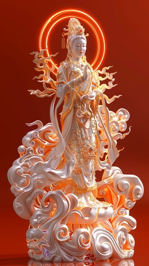 Statue of Goddess of Mercy (Sanskrit: Goddess of Mercy)，Cloisonne enamel,white and orange color scheme, with Chinese style patterns on the cloud surface. The background is red, gold lighting effects glowing inside the pattern，8k, soft edges, high contrast between light and dark, and layered effects,C4d, blender, high detail, best quality. ar 3:4