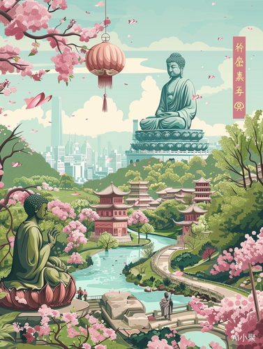 Wuxi City Infographic with Cherry Blossoms and Lingshan Buddha