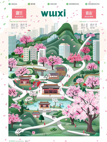 Wuxi City Infographic with Cherry Blossoms and Lingshan Buddha