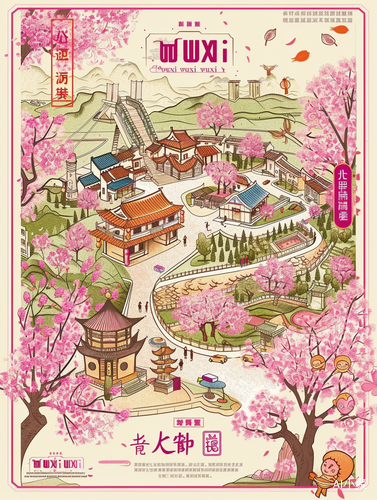 Wuxi City Infographic with Cherry Blossoms and Lingshan Buddha