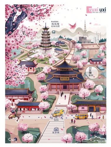 Wuxi City Infographic with Cherry Blossoms and Lingshan Buddha