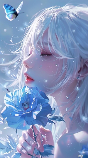 A girl in an anime is holding a blue rose, white eyes and white hair, surrounded by butterflies, in a dreamy comic style, with a blue background, her eyes are closed and she smiles gently, her face is close-up, her pale pink eyes are like gems and her white hair is crystal clear, with crystal details, beautiful woman, romantic, white brilliant lashes and eyeshadow, blue roses, butterflies. Soft colors, animation aesthetic inspiration, ethereal light, fantasy inspiration, drawing model NJ6.0(animation textur