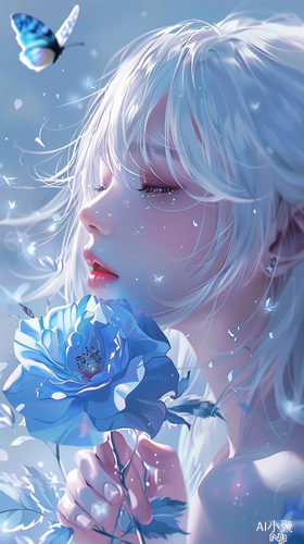 Ethereal Beauty: A Dreamy Anime Girl with Blue Roses and Butterflies