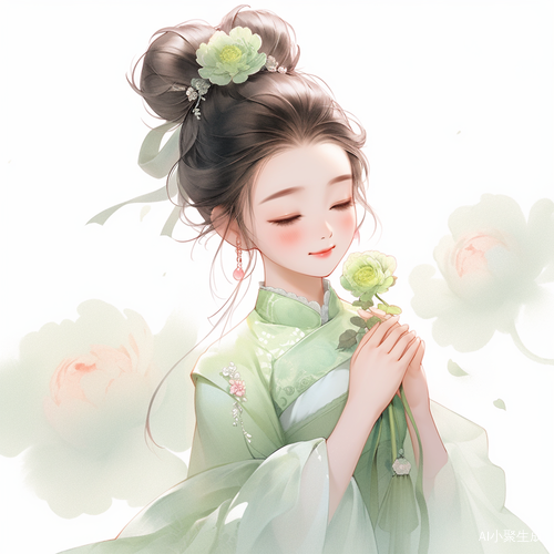 可爱中国女孩闻玫瑰