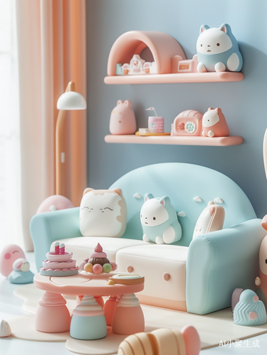 Cute Clay Style Cartoonish Sofa with Shelves and Toys