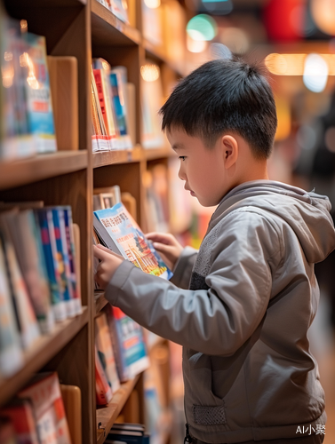 亚裔男孩书店挑选中文书籍的感人画面