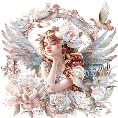 欧式复古花卉天使插画白底主题