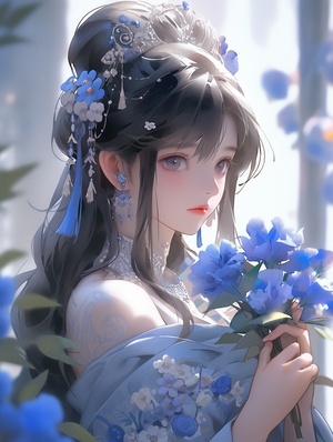 portrait a young girl posing in her blue dress, in the style of kawaii aesthetic, xiaofei yue, delicate flowers, 32k uhd, exaggerated facial features, soft-edged, fairycore happy smile ar 3:4 niji 5