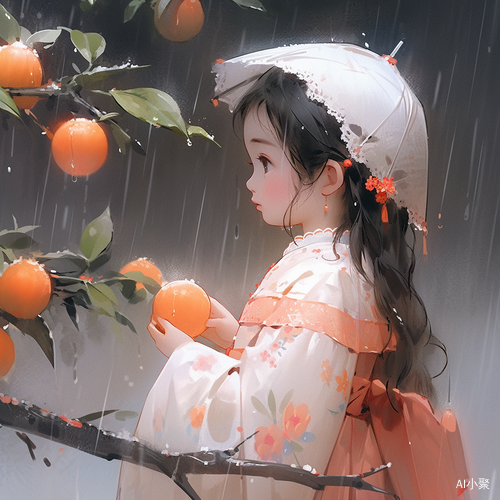 雨天桃花树下的古装少女