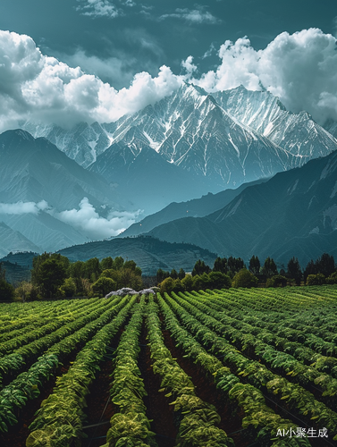 巍峨雪山与绿菜地的壮丽对比