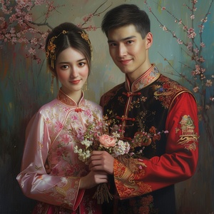 中国夫妻，结婚，美丽，女方手拿鲜花，大师级作品，