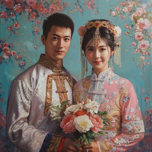 中国夫妻，结婚，美丽，女方手拿鲜花，大师级作品，