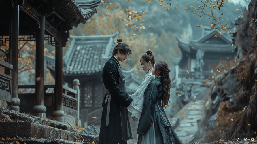 武当山迎面奔跑的帅气男生与美丽女孩