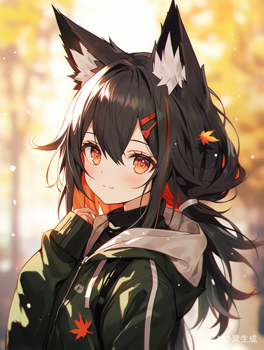 Beautiful Young Girl with Wolf Ears and Black Hair