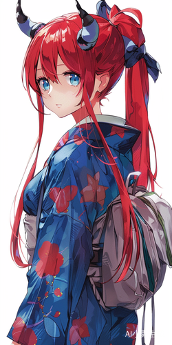 红发蓝眼睛穿传统和服的校服角色