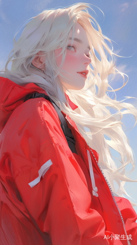 晴朗蓝天下的红色jk少女