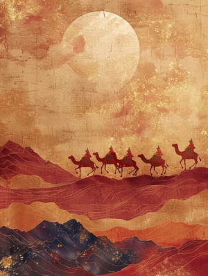 梦回敦煌Dunhuang art style ilustration, camel caravansacross the desert, the desert scenery of the SilkRoad,surrounded by continuous undulatingripples, using extremely delicate brushstrokes,soft and smooth, Chinese red and indigo, againsta background of auspicious clouds painted in gold foil ar 9:16#国风插画 #国潮插画 #文创插画 #一梦入敦煌 #国粹 #每日艺术分享 #艺术 #创作 #AI教程 #midjourney #敦煌 #敦煌飞天 #节日氛围感交给AI #ai#敦煌壁画 #ai关键词 #ai绘画 #ai作画 #ai画画 #国风国潮 #国风大赏 #国风插画 #国风古韵 #国风壁纸 #新中式 #新中式国风 #新中式风格 #新中式设计 #中式#节日氛围感交给AI #咒语 #ai咒语 #midjourney咒语