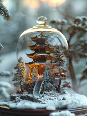 中国寺庙雕塑关键词：glass jar is a miniature temple in the style of traditional Chinese architecture. The lid of the jar is a miniature pavilion, hat. The interior of the jar glows with a warm light, shifting photography, white trees and small mountains. Snow中文：玻璃罐是一座中国传统建筑风格的微型寺庙。坛子的盖子是一个微型亭子，帽子。罐子的内部闪烁着温暖的光线，移动的摄影，白色的树木和小山。雪主要关键词：✨玻璃罐✨寺庙✨发光✨白色✨坛子的盖子是微型亭子，帽子，精致的艺术品！罐子的内部闪烁着温暖的光线，仿佛是宇宙的秘密被收藏在这里。🍃白色的树木和小山，如诗如画，仿佛置身仙境。雪景中的玻璃罐更是美得让人窒息！#灵感设计 #寺庙 #ai #雕塑 #ai绘画 #AI绘画有点东西 #白色 #白色雕塑 #暖色系 #温馨小窝 #情感树洞 #灯 #设计 #概念设计