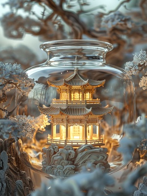 中国寺庙雕塑关键词：glass jar is a miniature temple in the style of traditional Chinese architecture. The lid of the jar is a miniature pavilion, hat. The interior of the jar glows with a warm light, shifting photography, white trees and small mountains. Snow中文：玻璃罐是一座中国传统建筑风格的微型寺庙。坛子的盖子是一个微型亭子，帽子。罐子的内部闪烁着温暖的光线，移动的摄影，白色的树木和小山。雪主要关键词：✨玻璃罐✨寺庙✨发光✨白色✨坛子的盖子是微型亭子，帽子，精致的艺术品！罐子的内部闪烁着温暖的光线，仿佛是宇宙的秘密被收藏在这里。🍃白色的树木和小山，如诗如画，仿佛置身仙境。雪景中的玻璃罐更是美得让人窒息！#灵感设计 #寺庙 #ai #雕塑 #ai绘画 #AI绘画有点东西 #白色 #白色雕塑 #暖色系 #温馨小窝 #情感树洞 #灯 #设计 #概念设计