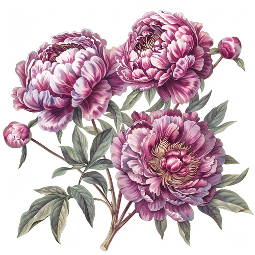 白底粉紫色芍药花丛复古手绘插画