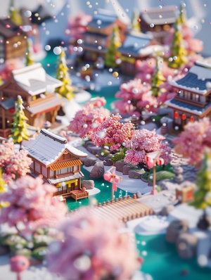 Miniature, Spring Festival town isometric view, super cute clay world, outdoor party, tilt motion, excellent lighting, snowflake, volume landscape, brush rendering, tilt motion, 3D, super detail, 32k中文：微缩，春节小镇等角观，超萌粘土世界，户外派对，倾斜运动，优秀灯光，雪花，体量景观，笔刷渲染，倾斜运动，3D，超细节，32k