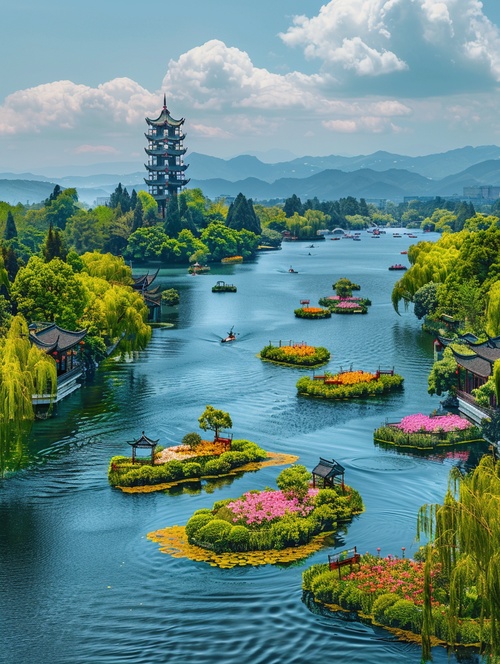 Jiangnan West Lake, Leifeng Pagoda in the distance, green trees on both sides of small islands floating with flowers and grass, pavilions by lakeside, blue sky, clouds, green background, bright colors, photorealistic landscapes, greenbluegreen tones, Nikon D850 style, high resolution, high detail, high quality, high definition