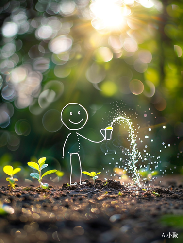 Smiling stick figure tending to his vibrant garden