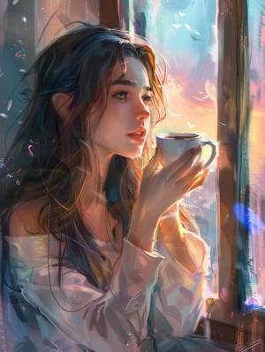 painting of a woman looking out a window with a cup of coffee, lofi portrait at a window, artwork in the style of guweiz, lofi girl, beautiful drawing style, lofi portrait, realistic cute girl painting, guweiz, painting of beautiful, beautiful anime portrait, beautiful character painting, guweiz masterpiece, trending on artstration