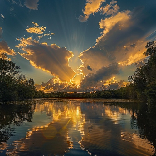 Golden tones render the whole picture, and the saturated afterglow of sunset glow illuminates the center of the sky. Clouds form a heart-shaped vacancy in the center of cumulus clouds, and the blue sky is revealed. The light and shadow of the sunset glow are also reflected on the lake, creating a beautiful scenery. The background is dominated by yellow-green clouds, which produces a refreshing visual effect. Meryl McMaster's artistic style has been displayed in his works, reaching the high-definition le