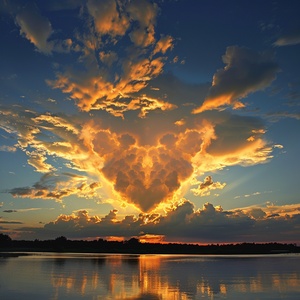 Golden tones render the whole picture, and the saturated afterglow of sunset glow illuminates the center of the sky. Clouds form a heart-shaped vacancy in the center of cumulus clouds, and the blue sky is revealed. The light and shadow of the sunset glow are also reflected on the lake, creating a beautiful scenery. The background is dominated by yellow-green clouds, which produces a refreshing visual effect. Meryl McMaster's artistic style has been displayed in his works, reaching the high-definition le