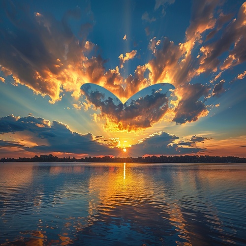 Golden tones render the whole picture, and the saturated afterglow of sunset glow illuminates the center of the sky. Clouds form a heart-shaped vacancy in the center of cumulus clouds, and the blue sky is revealed. The light and shadow of the sunset glow are also reflected on the lake, creating a beautiful scenery. The background is dominated by yellow-green clouds, which produces a refreshing visual effect. Meryl McMaster's artistic style has been displayed in his works, reaching the high-definition le