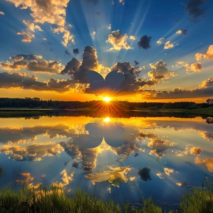 Golden tones render the whole picture, and the saturated afterglow of sunset glow illuminates the center of the sky. Clouds form a heart-shaped vacancy in the center of cumulus clouds, and the blue sky is revealed. The light and shadow of the sunset glow are also reflected on the lake, creating a beautiful scenery. The background is dominated by yellow-green clouds, which produces a refreshing visual effect. Meryl McMaster's artistic style has been displayed in his works, reaching the high-definition le