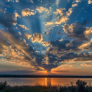 Golden tones render the whole picture, and the saturated afterglow of sunset glow illuminates the center of the sky. Clouds form a heart-shaped vacancy in the center of cumulus clouds, and the blue sky is revealed. The light and shadow of the sunset glow are also reflected on the lake, creating a beautiful scenery. The background is dominated by yellow-green clouds, which produces a refreshing visual effect. Meryl McMaster's artistic style has been displayed in his works, reaching the high-definition le