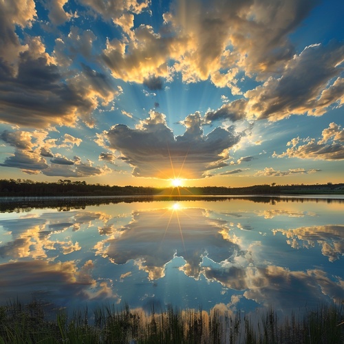 Golden tones render the whole picture, and the saturated afterglow of sunset glow illuminates the center of the sky. Clouds form a heart-shaped vacancy in the center of cumulus clouds, and the blue sky is revealed. The light and shadow of the sunset glow are also reflected on the lake, creating a beautiful scenery. The background is dominated by yellow-green clouds, which produces a refreshing visual effect. Meryl McMaster's artistic style has been displayed in his works, reaching the high-definition le