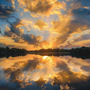 Golden tones render the whole picture, and the saturated afterglow of sunset glow illuminates the center of the sky. Clouds form a heart-shaped vacancy in the center of cumulus clouds, and the blue sky is revealed. The light and shadow of the sunset glow are also reflected on the lake, creating a beautiful scenery. The background is dominated by yellow-green clouds, which produces a refreshing visual effect. Meryl McMaster's artistic style has been displayed in his works, reaching the high-definition le