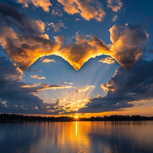 Golden tones render the whole picture, and the saturated afterglow of sunset glow illuminates the center of the sky. Clouds form a heart-shaped vacancy in the center of cumulus clouds, and the blue sky is revealed. The light and shadow of the sunset glow are also reflected on the lake, creating a beautiful scenery. The background is dominated by yellow-green clouds, which produces a refreshing visual effect. Meryl McMaster's artistic style has been displayed in his works, reaching the high-definition le