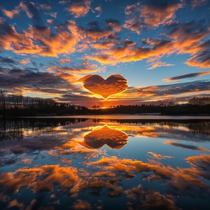 Golden tones render the whole picture, and the saturated afterglow of sunset glow illuminates the center of the sky. Clouds form a heart-shaped vacancy in the center of cumulus clouds, and the blue sky is revealed. The light and shadow of the sunset glow are also reflected on the lake, creating a beautiful scenery. The background is dominated by yellow-green clouds, which produces a refreshing visual effect. Meryl McMaster's artistic style has been displayed in his works, reaching the high-definition le